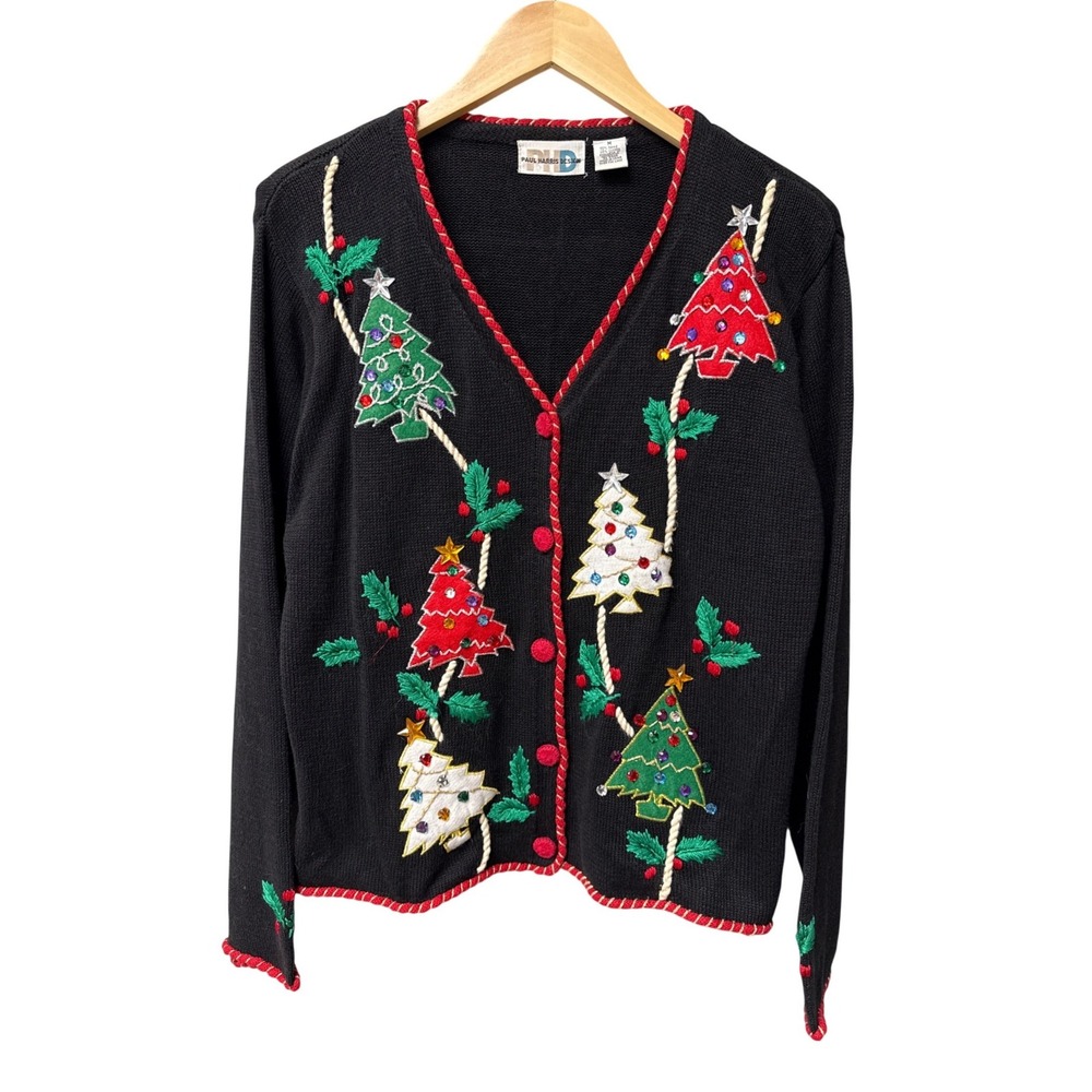 VTG Paul Harris Novelty Cardigan Women M‎ Black Ugly Christmas Sweater Holiday